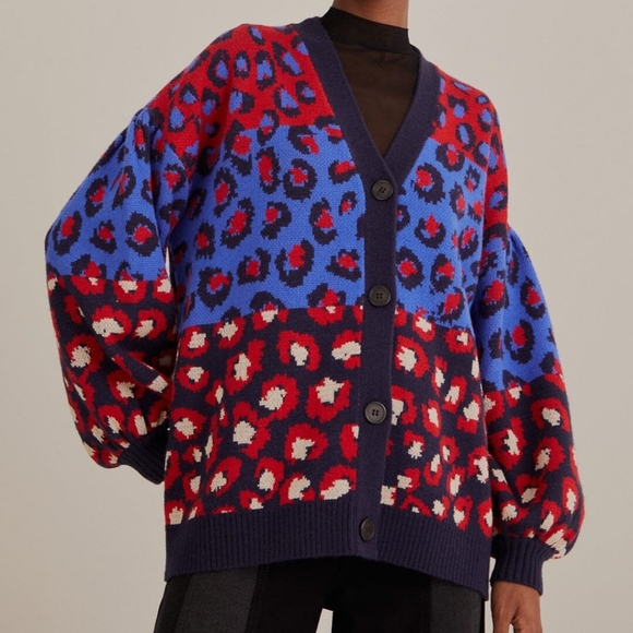 Farm Rio Mixed Leopards Blue Red Cream Knit Cardigan Sz XXS Oversized